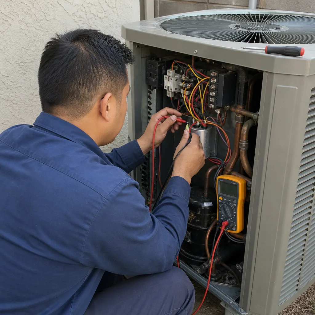 HVAC technician performing AC installation and electrical diagnostics on outdoor unit