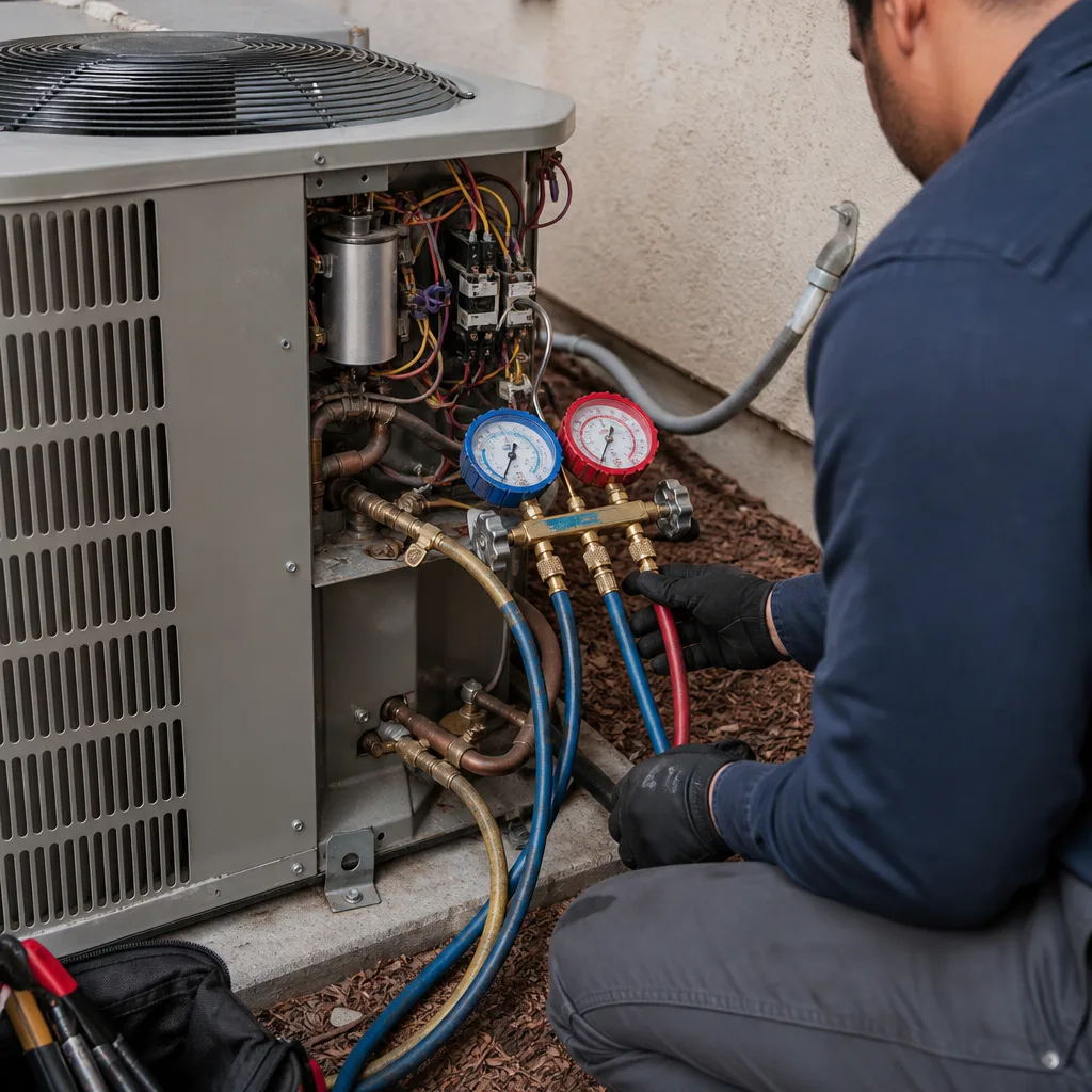 HVAC technician performing professional air conditioning installation and system diagnostics