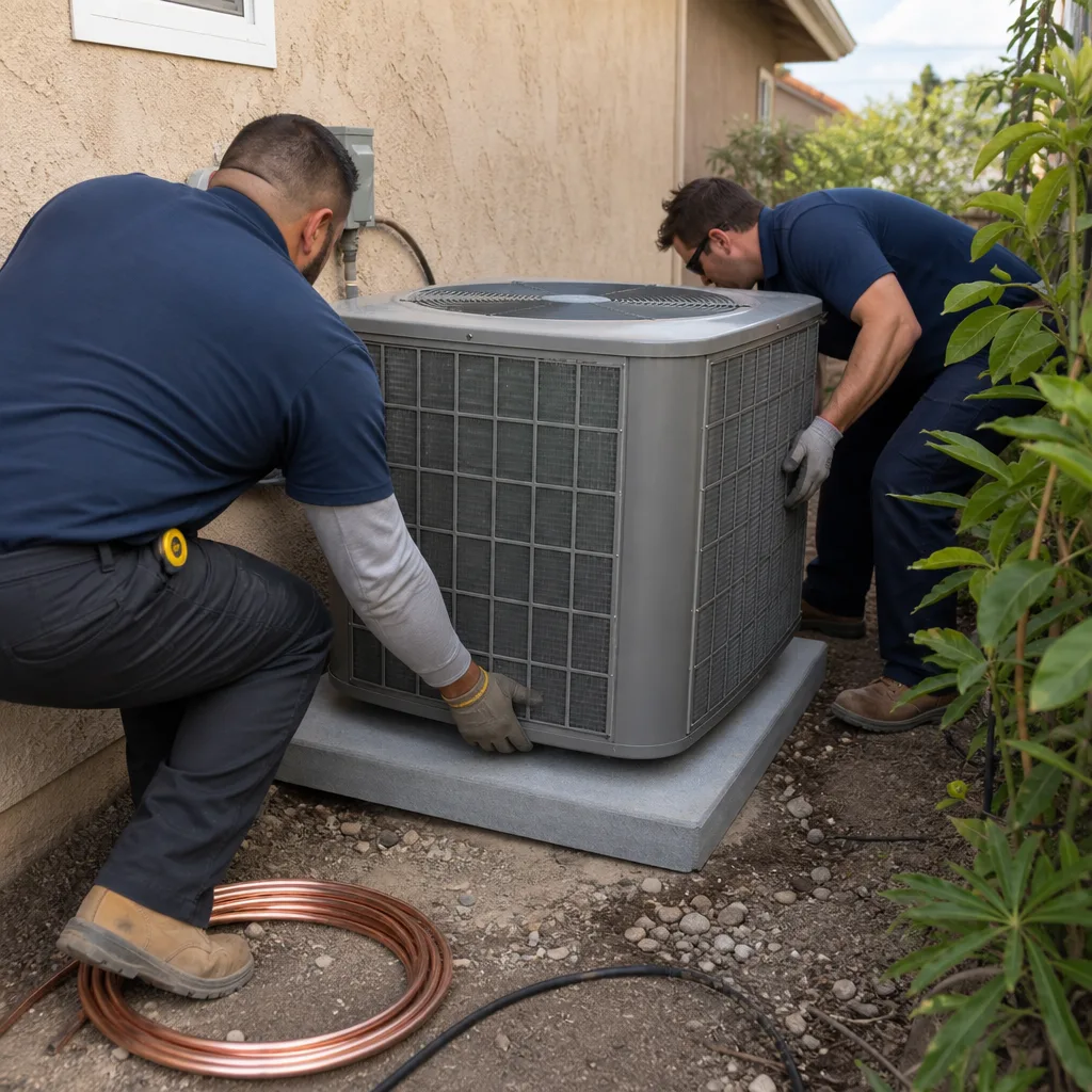 Two professional technicians installing a residential air conditioning unit outside.