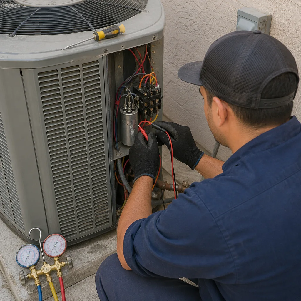 HVAC technician performing professional AC repair and electrical testing on unit
