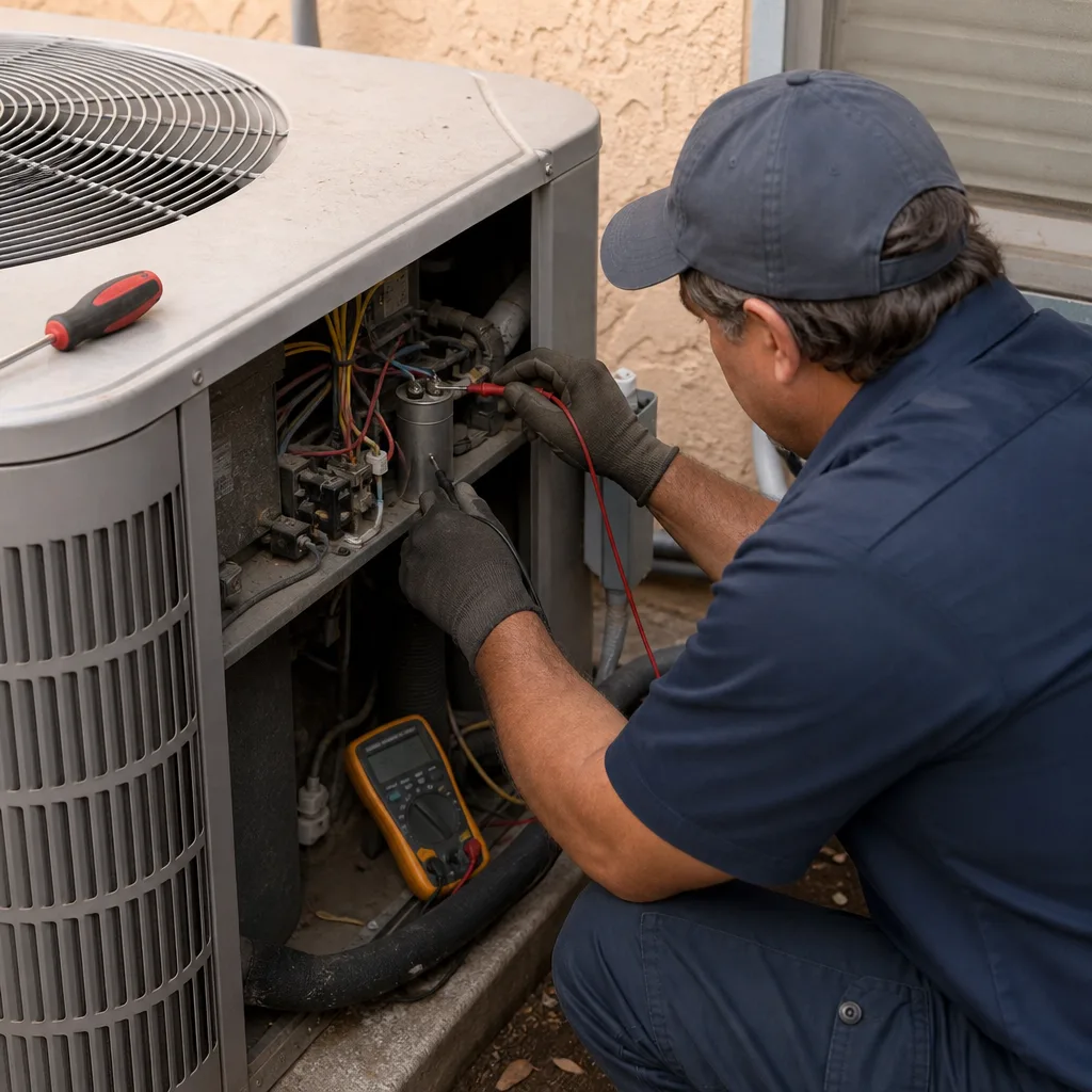 HVAC technician testing an air conditioning unit capacitor with a multimeter