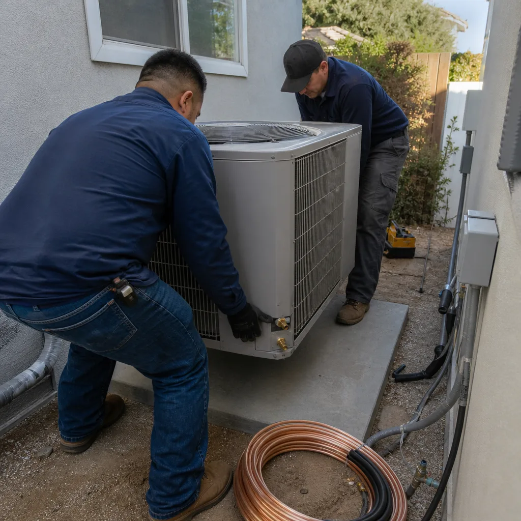 Two HVAC technicians installing an outdoor air conditioning unit