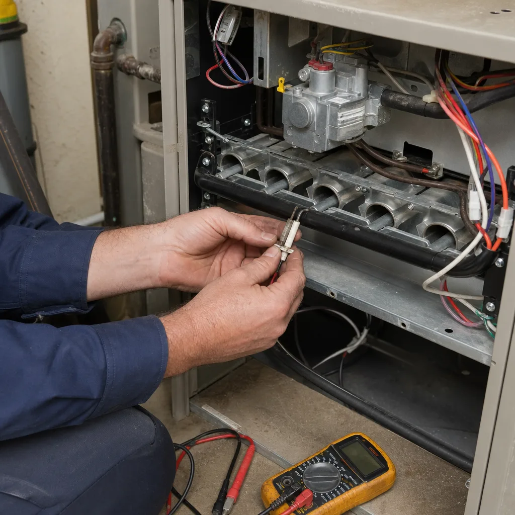 HVAC technician performing furnace repair and diagnostic testing on a heating system