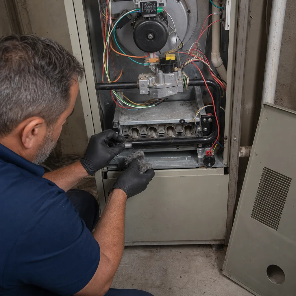 HVAC technician performing professional furnace maintenance and repair on residential equipment
